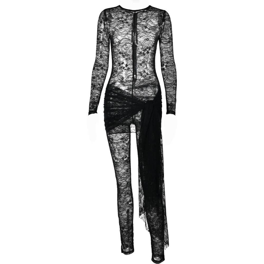 Lace see through long sleeve self tie zip-up jumpsuit