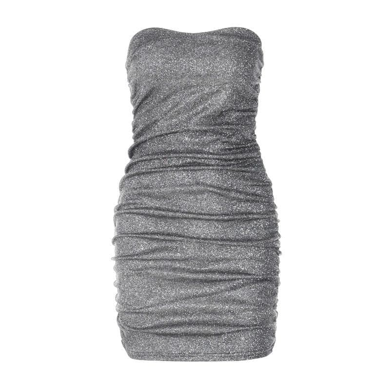 Textured solid ruched backless tube mini dress