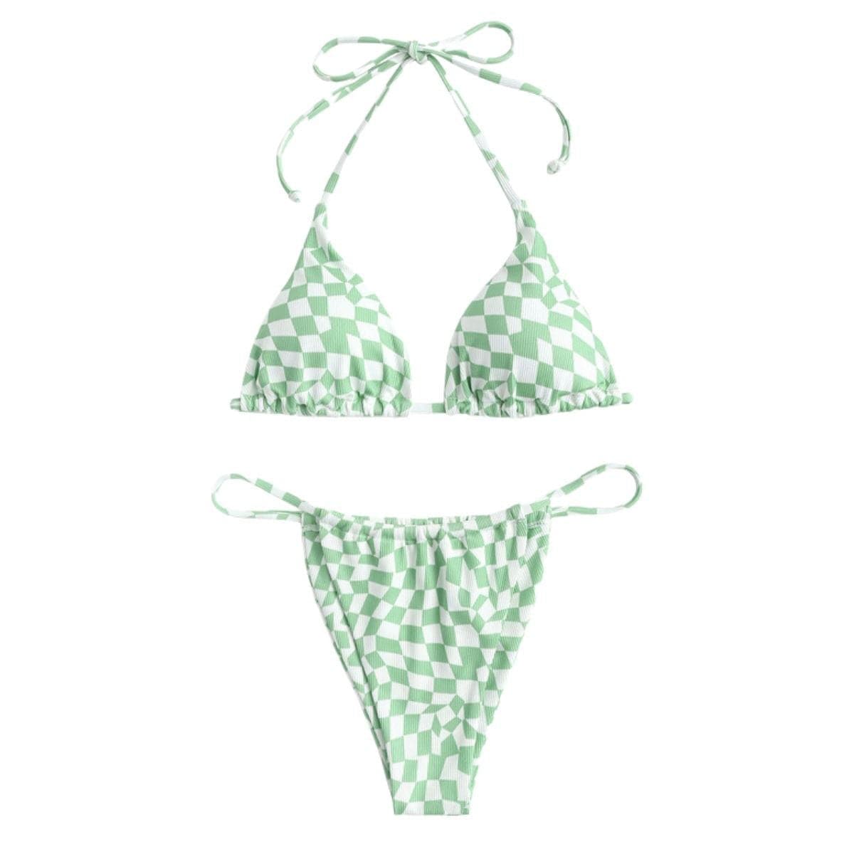 Contrast plaid halter self tie bikini swimwear