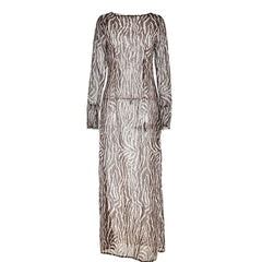 Sheer mesh see through zebra print long sleeve zip-up contrast maxi dress