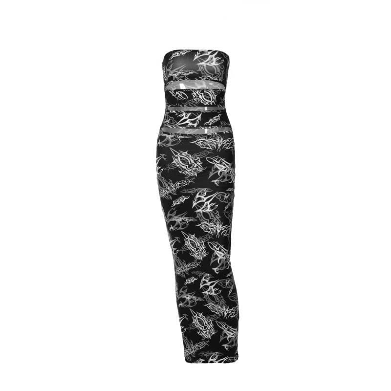 Abstract contrast hollow out backless tube maxi dress