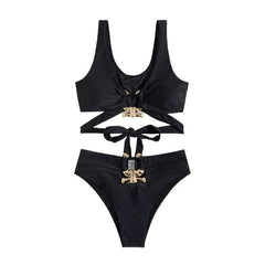 Metal applique self tie v neck solid bikini swimwear