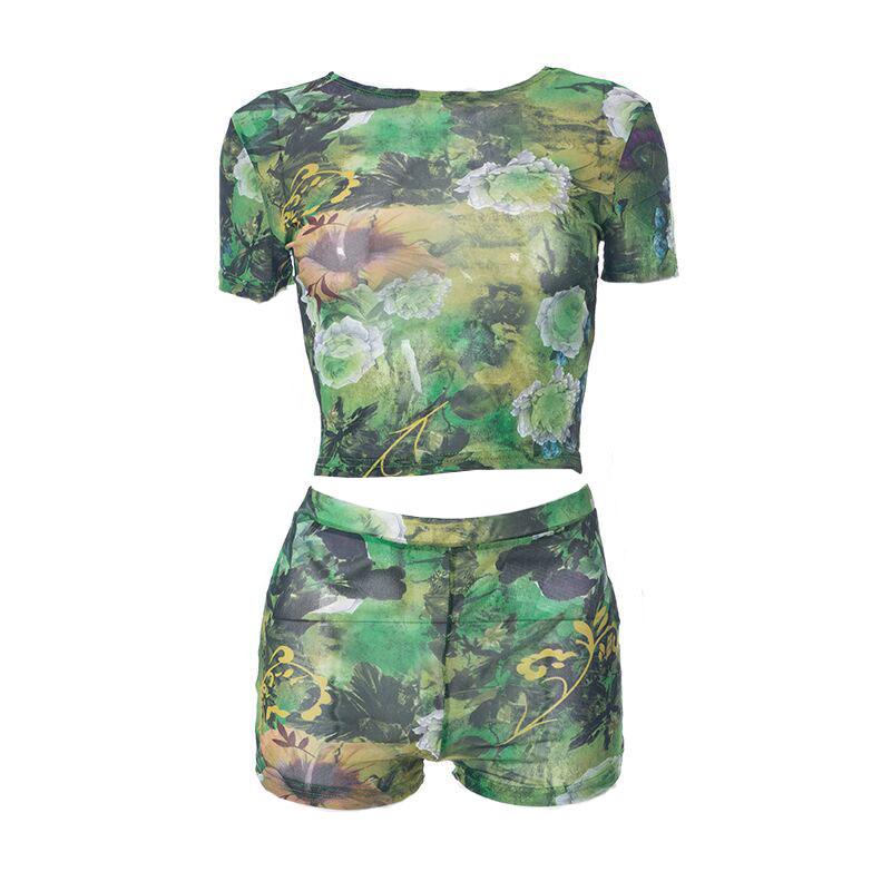 Short sleeve crewneck tie dye contrast mesh pant set