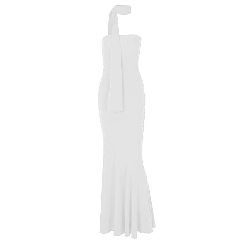 Ribbed ruffle solid backless sleeveless tube maxi dress