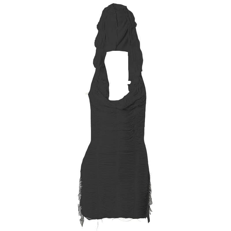 Textured solid hoodie cowl neck sleeveless backless tassels mini dress