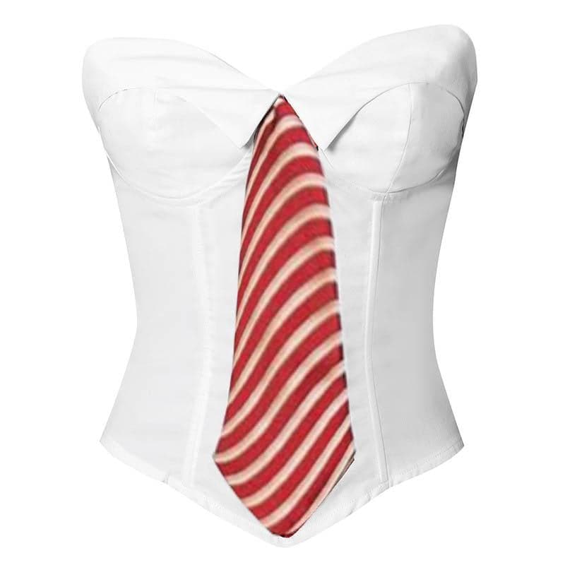 Necktie pattern contrast sweetheart neck lace up tube crop top