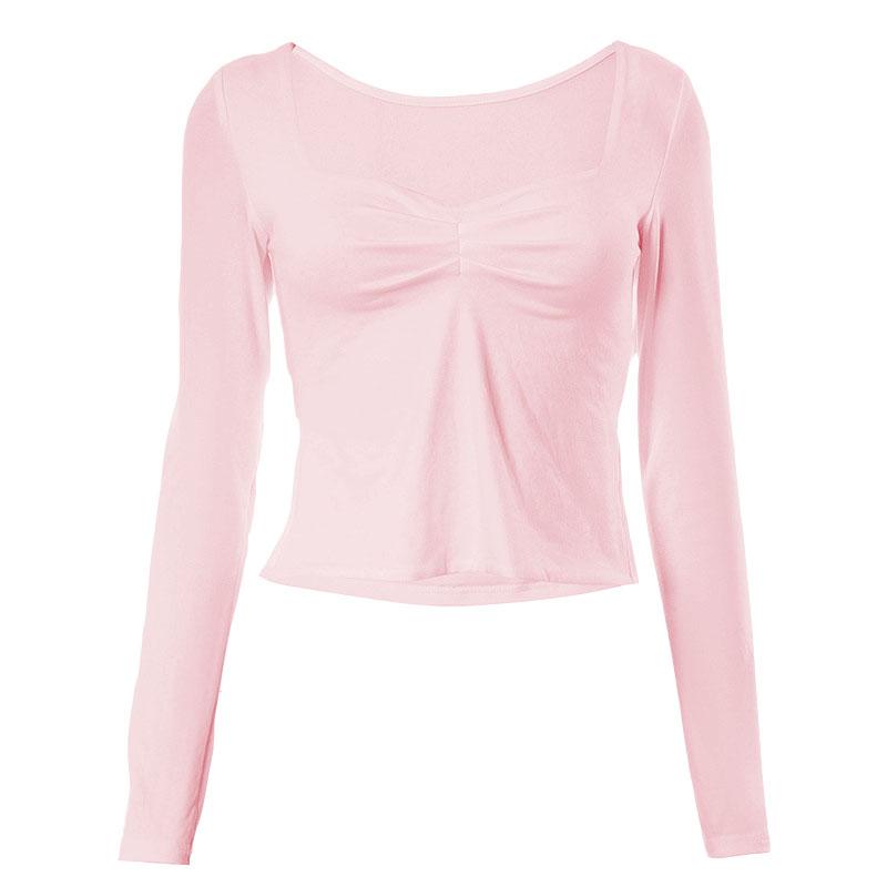 Square neck ruched long sleeve slit solid top