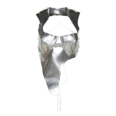 Metallic self tie cross back sleeveless hollow out crop cut out top