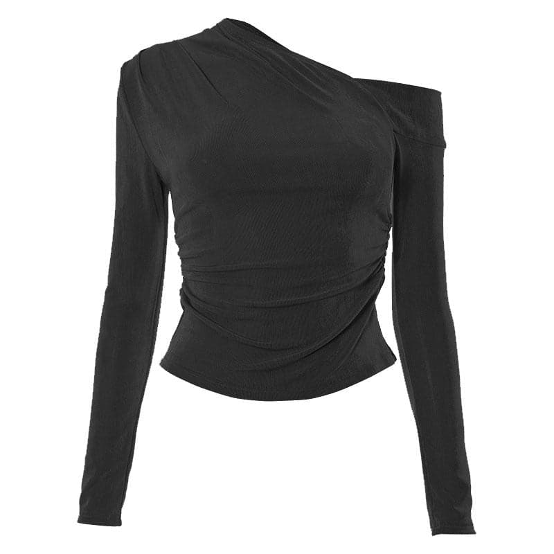 Solid off shoulder long sleeve irregular ruched top