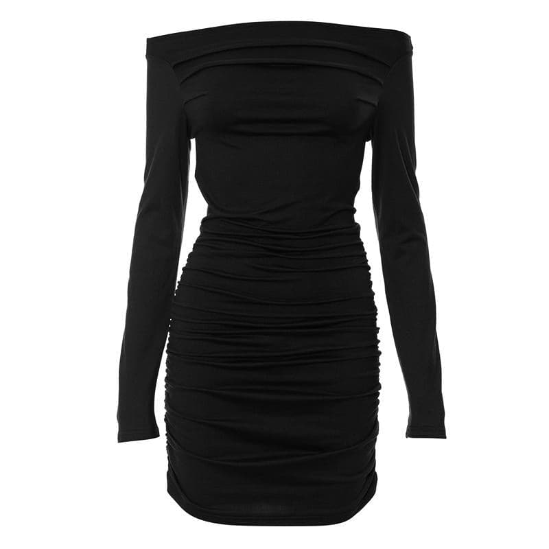 Off shoulder long sleeve ruched backless solid mini dress