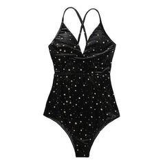 Cross back star pattern contrast v neck one piece swimwear