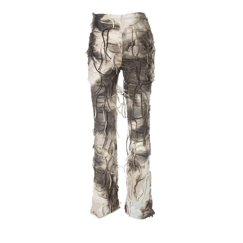 Tie dye textured tassels contrast high rise pant