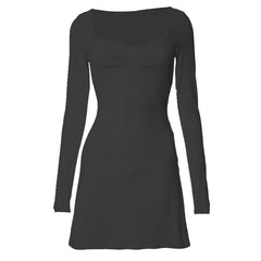 Square neck solid ruched long sleeve mini dress