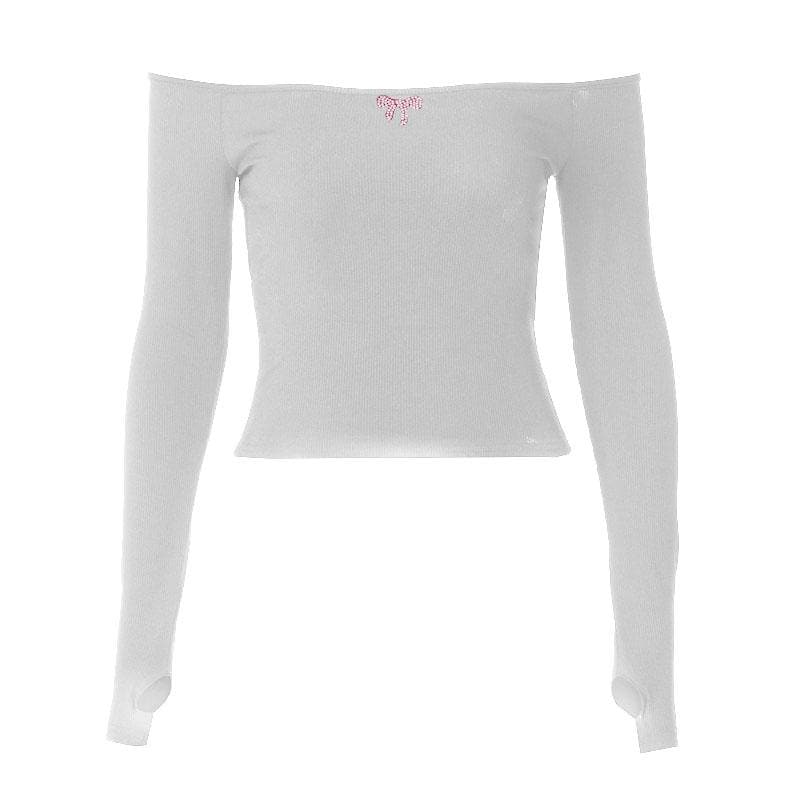 Off shoulder long sleeve gloves solid hollow out cut out top