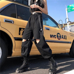 Hollow out metal chain solid 2-way belt cargo pant