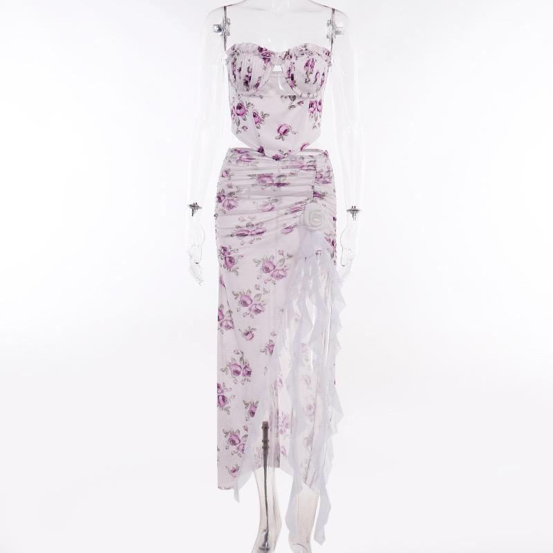 Sheer mesh see through flower print ruched slit midi skirt