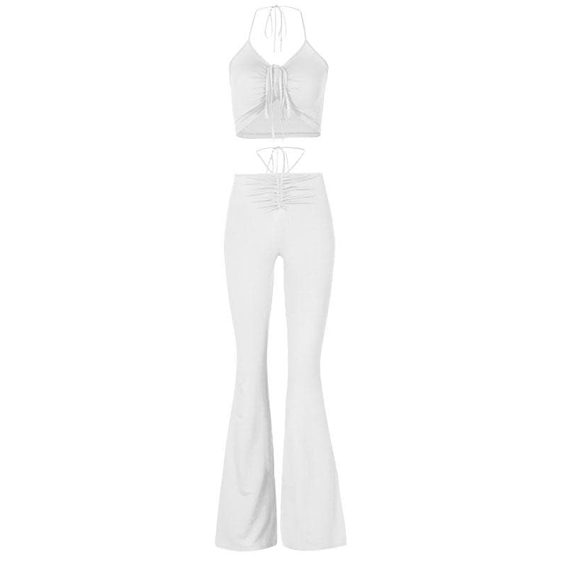 Self tie halter drawstring ruched backless solid flared pant set