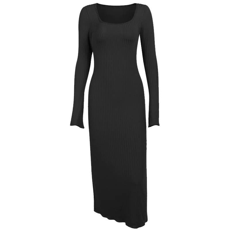 Ribbed long flared sleeve solid square neck ruffle maxi dress