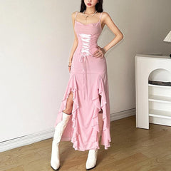 Ruffle ruched chiffon lace up slit cowl neck cami maxi dress