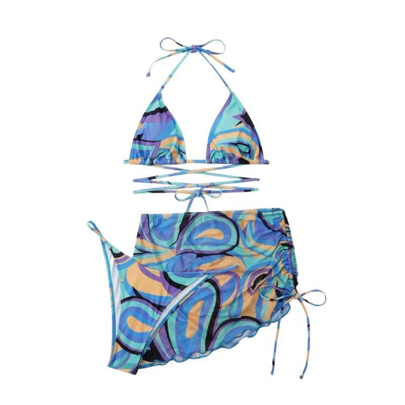 Contrast print halter drawstring mesh backless 3 piece swimwear