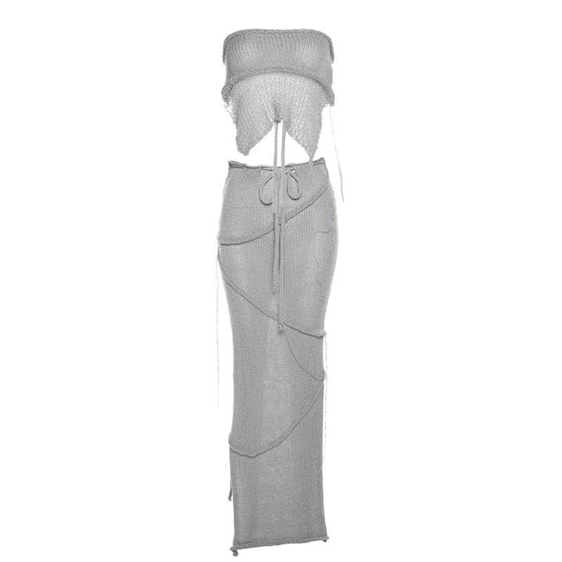 Backless self tie slit solid tube knitted maxi skirt set