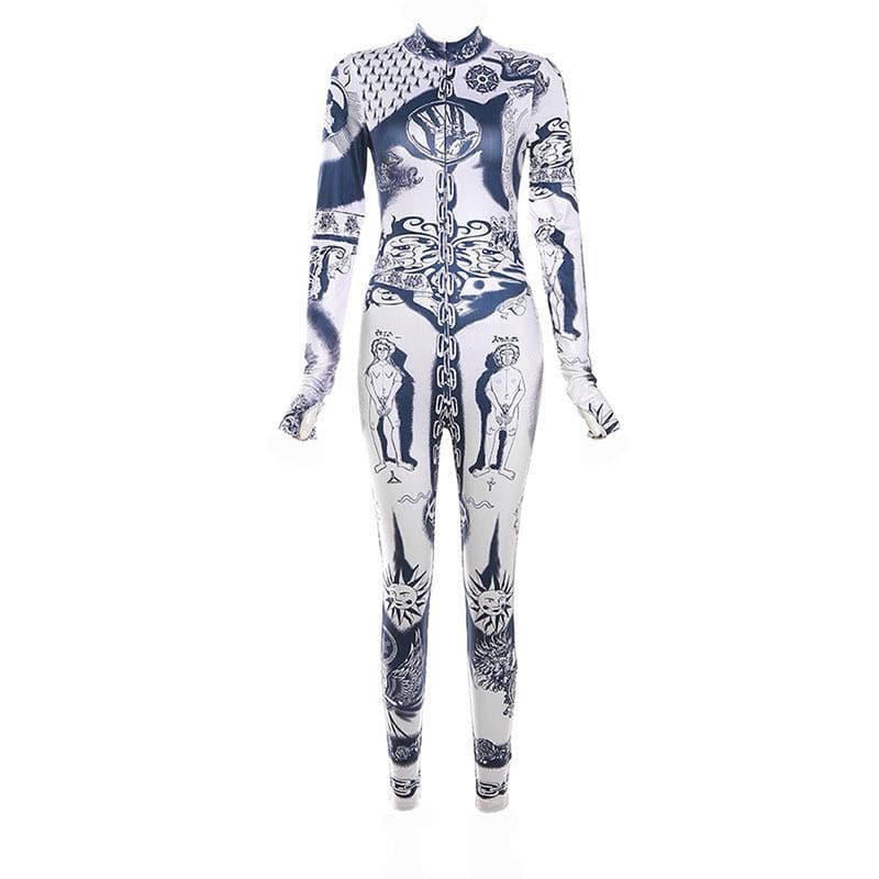 Abstract contrast long sleeve high neck zip-up jumpsuit