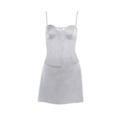 Lace patchwork self tie solid ruched backless cami mini dress