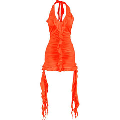 Self tie halter ruffle ruched v neck ribbon backless mini dress