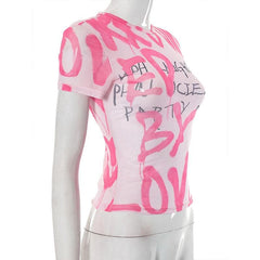 Short sleeve letter print contrast sheer mesh see through top