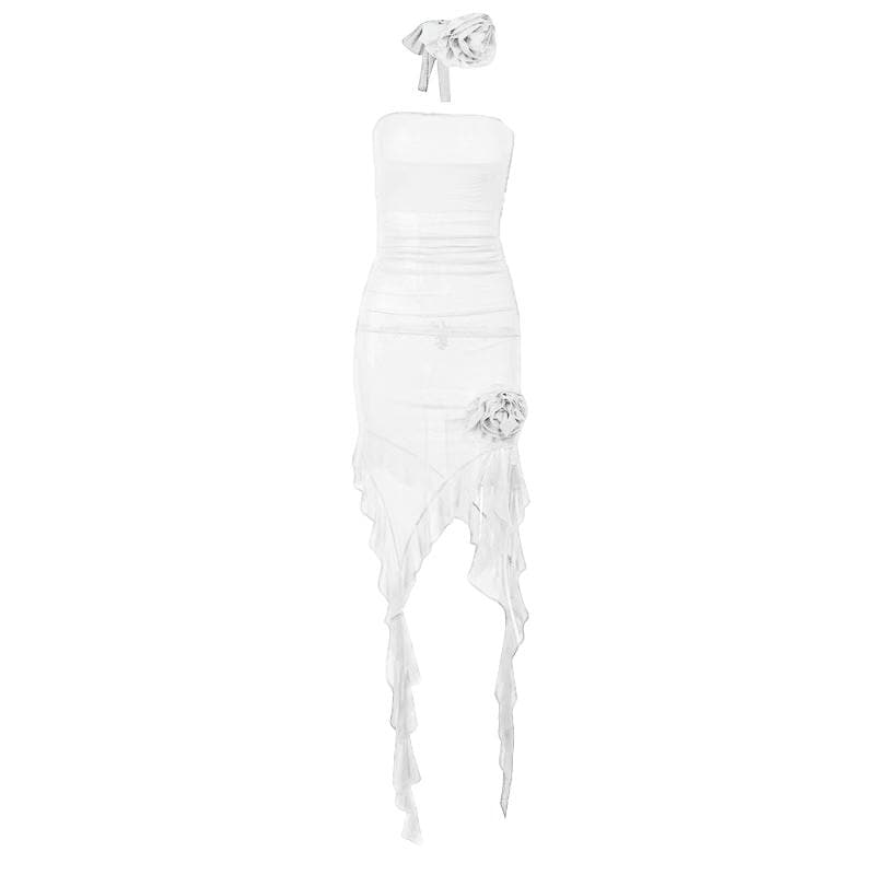 Solid slit sheer mesh see through flower applique mini dress