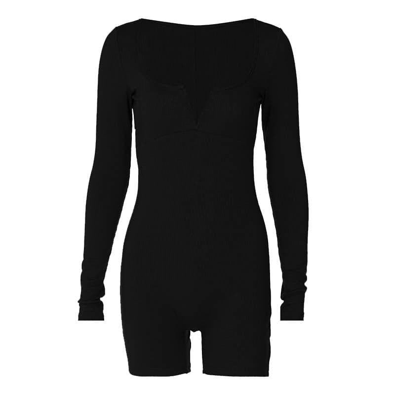 Ribbed notch neck long sleeve solid romper