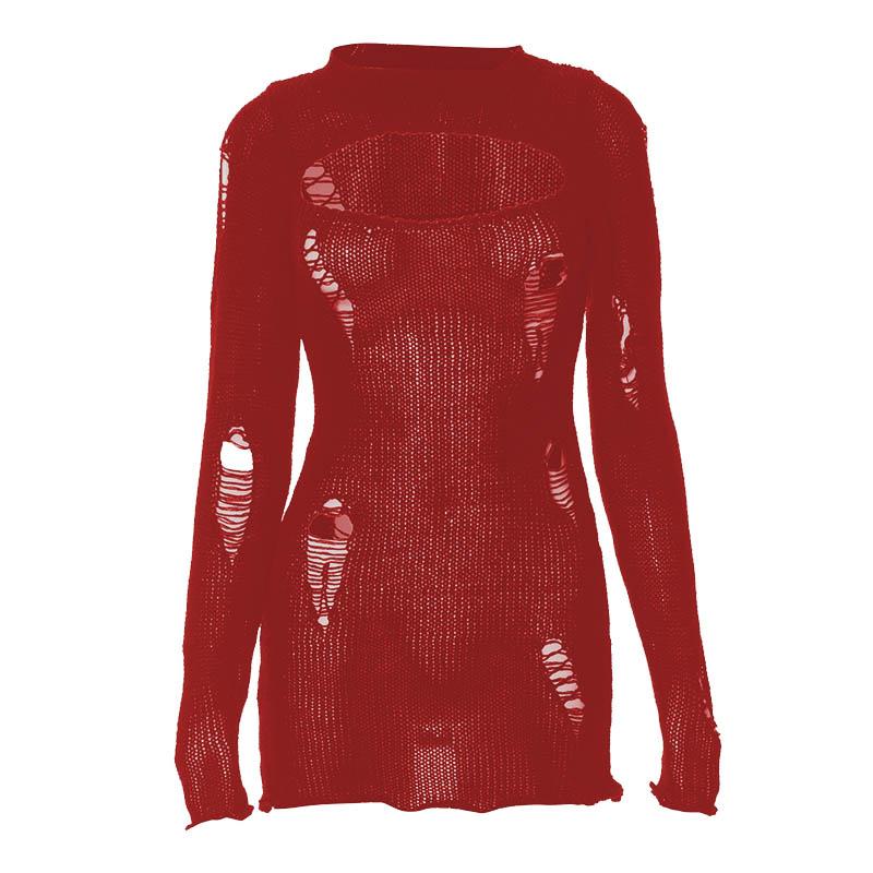 Crochet hollow out solid long sleeve mini dress