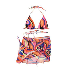 Contrast print halter drawstring mesh backless 3 piece swimwear