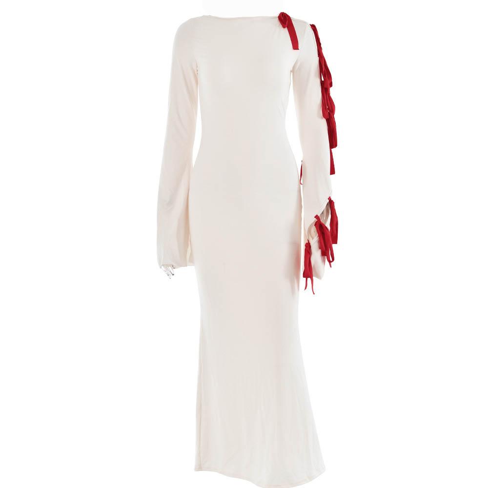 Self tie irregular contrast long sleeve slit maxi dress
