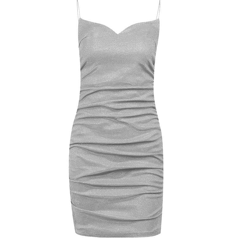 Textured spaghetti strap v neck ruched mini dress