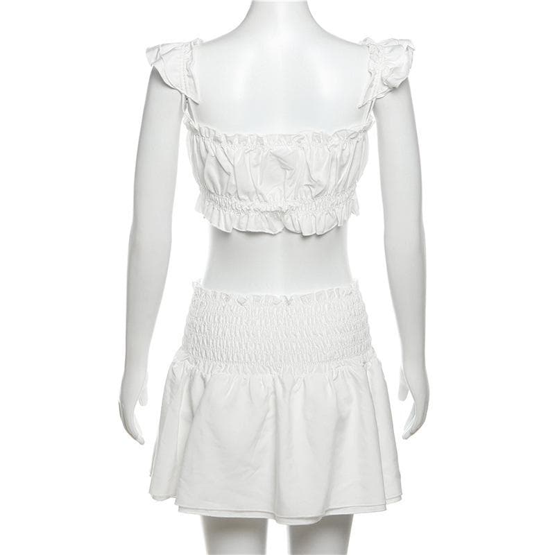 Smocked ruched cap sleeve solid ruffle mini skirt set