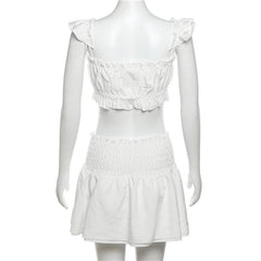 Smocked ruched cap sleeve solid ruffle mini skirt set