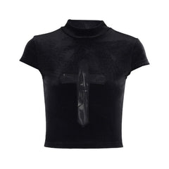 Cap sleeve mesh cross pattern velvet high neck solid top