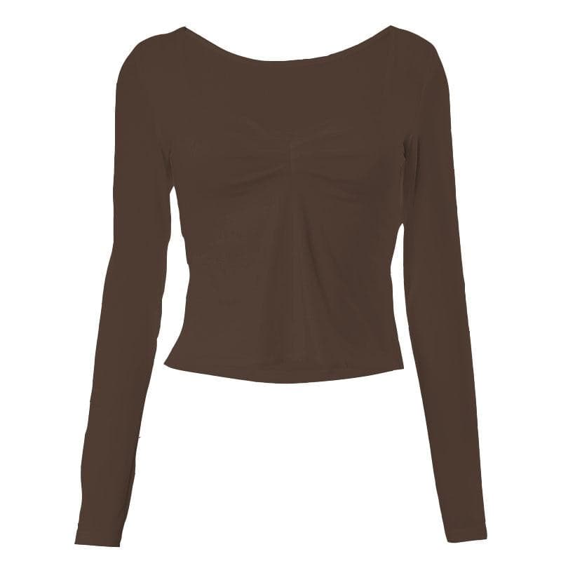 Square neck ruched long sleeve slit solid top