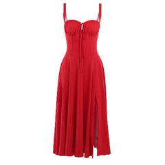 Ruched solid sweetheart neck slit sleeveless midi dress