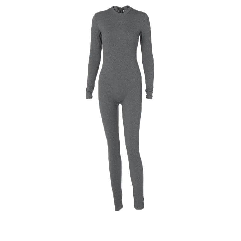 Ribbed long sleeve solid zip-up jumpsuit