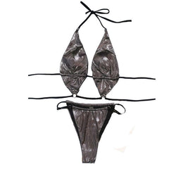 Contrast halter metallic self tie bikini swimwear