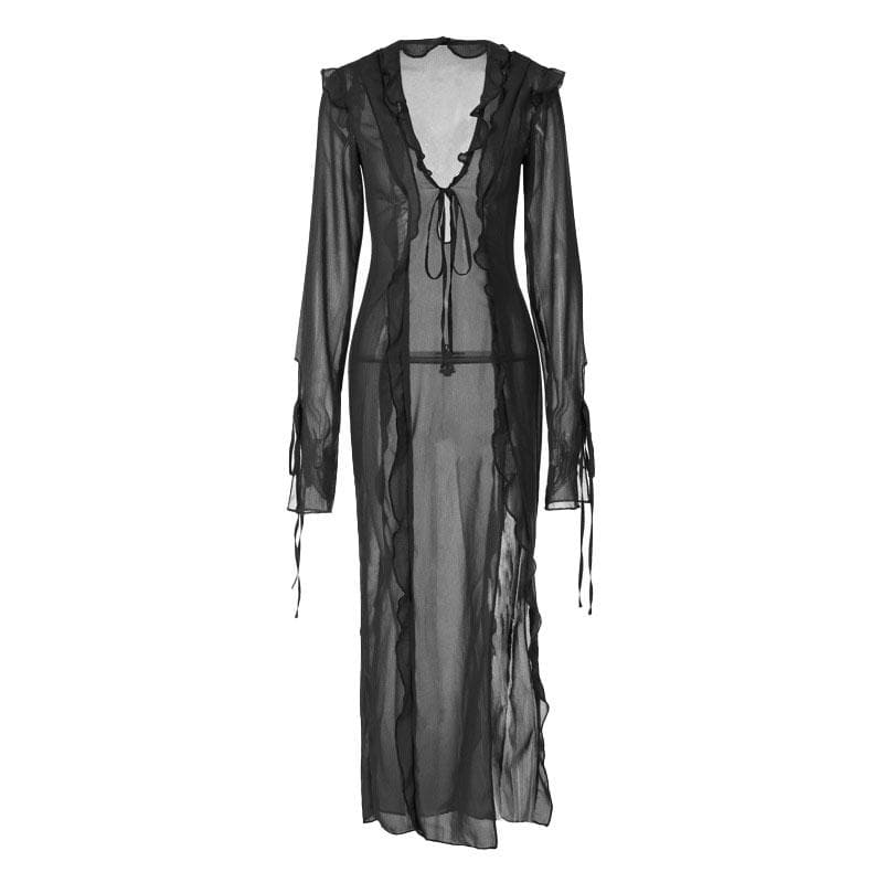 Slit chiffon see through long sleeve v neck self tie maxi dress