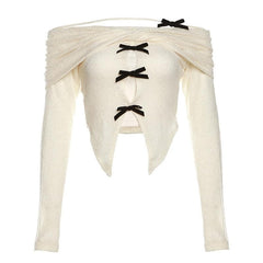 Off shoulder bowknot long sleeve contrast backless top