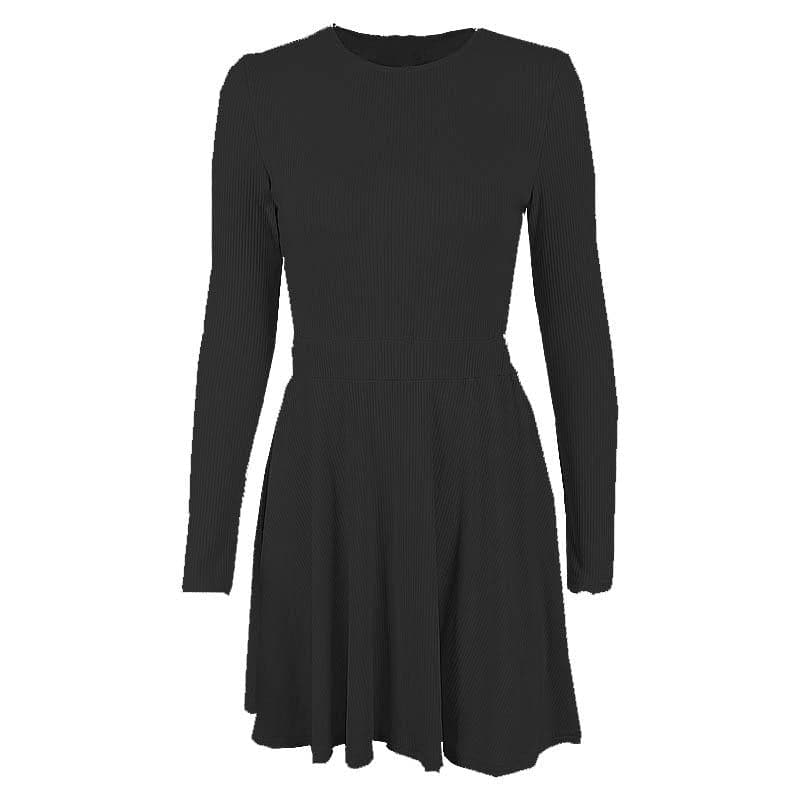 Ribbed long sleeve solid button hollow out crewneck mini dress