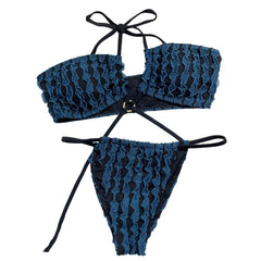 Contrast textured halter o ring self tie bikini swimwear