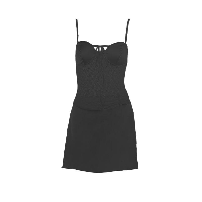 Lace patchwork self tie solid ruched backless cami mini dress