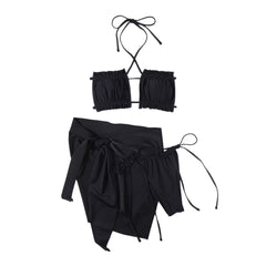 Ruched self tie halter solid backless 3 piece swimwear