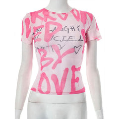 Short sleeve letter print contrast sheer mesh see through top