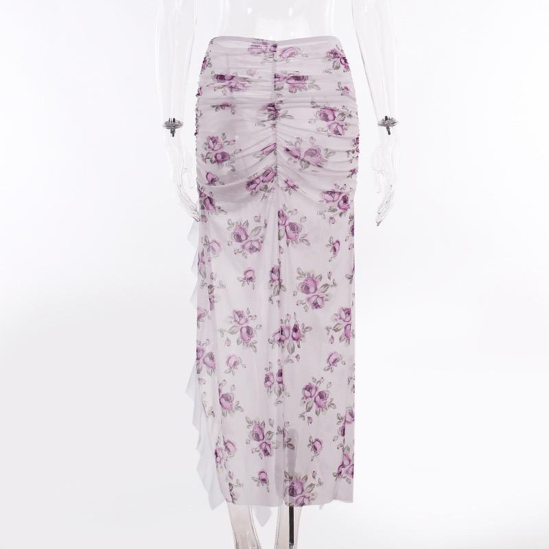 Sheer mesh see through flower print ruched slit midi skirt